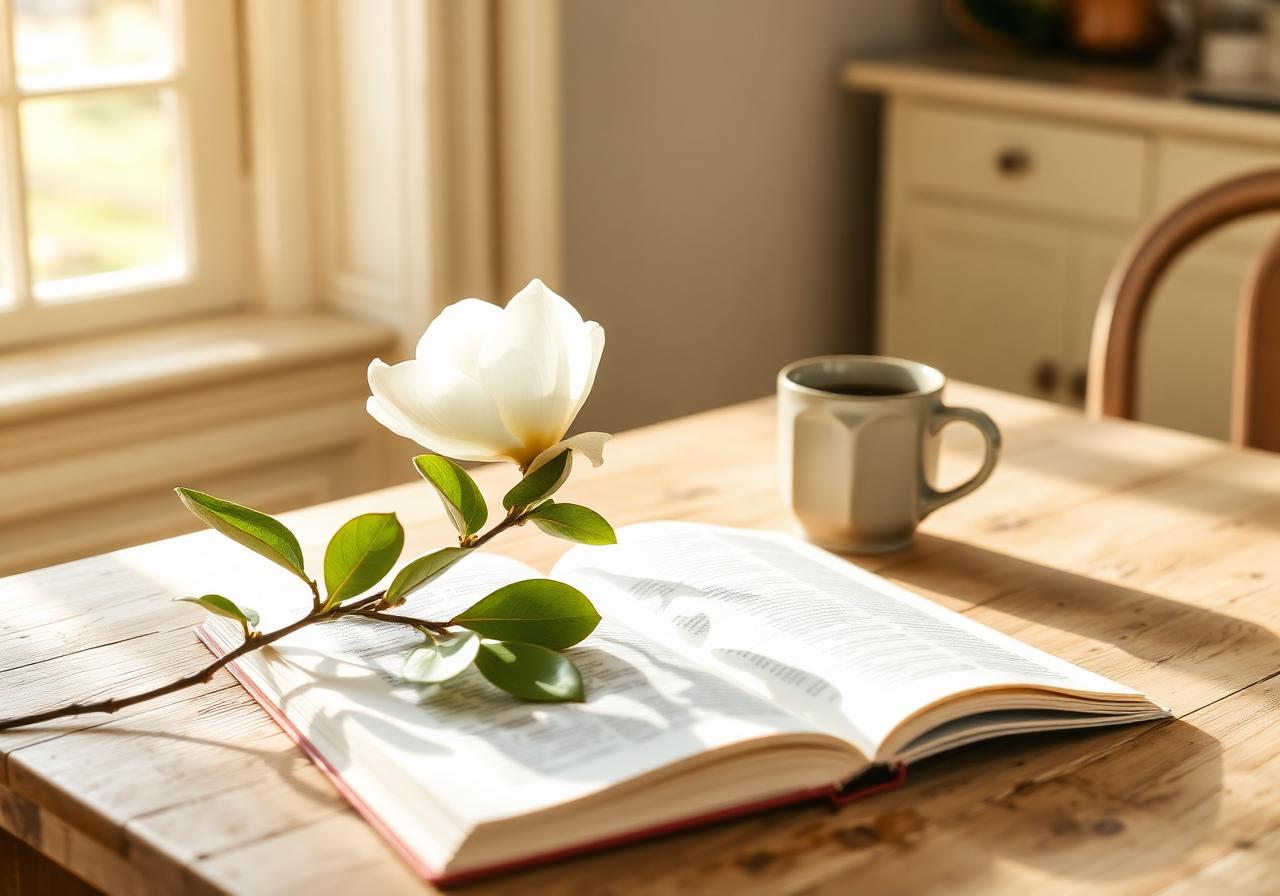 A magnolia branch and coffee mug on a sunlit farmhouse table
